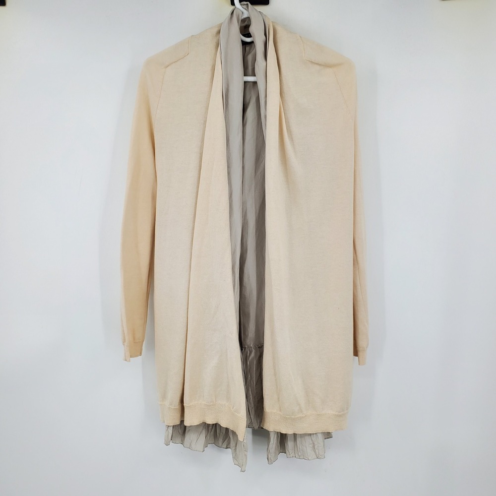 Theory Marien Pima Compact Cardigan Beige Silk Trim Ruffle Hem Sweater Small XS